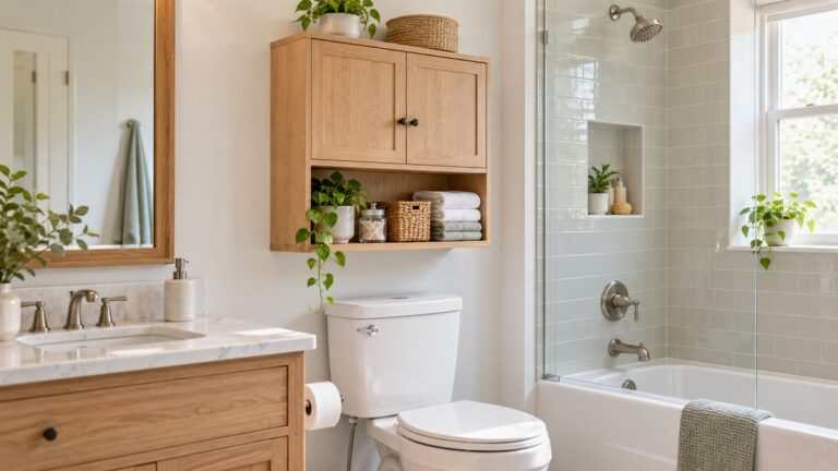 A bright small bathroom with a light oak over the toilet cabinet mounted above a white toilet tank.