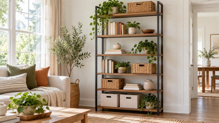 A bright living room wall with a tall 6-shelf open bookcase styled with books and storage boxes.