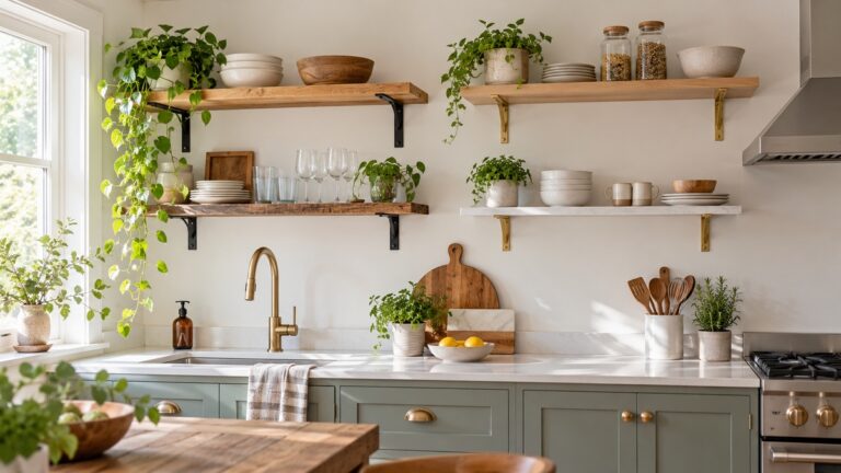 Several open shelf styles with visible brackets are installed in a bright small kitchen.