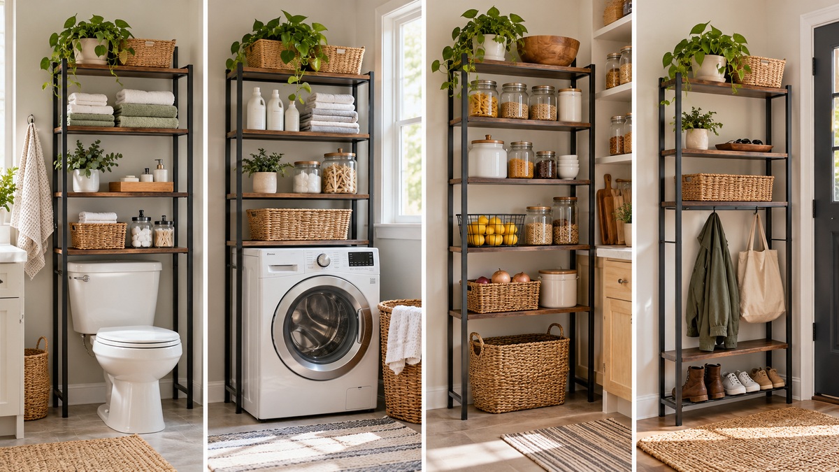 A freestanding over-toilet frame reused for laundry, pantry, and entryway storage in small rooms.