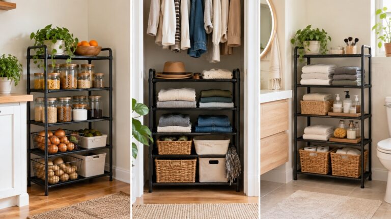 A freestanding shoe rack reused as pantry and closet storage in a small apartment.