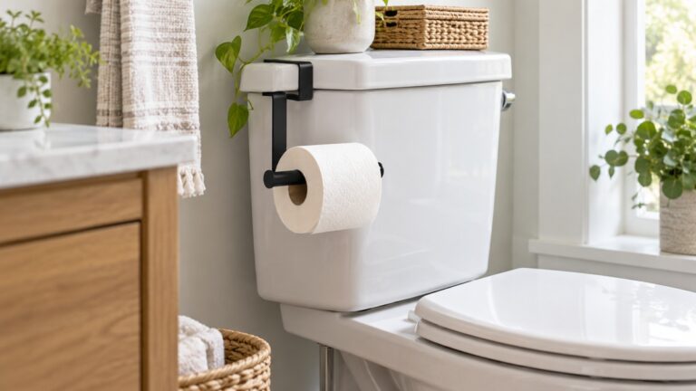 Close-up of a black metal over-tank toilet paper holder holding a roll beside a white toilet in a small bathroom.