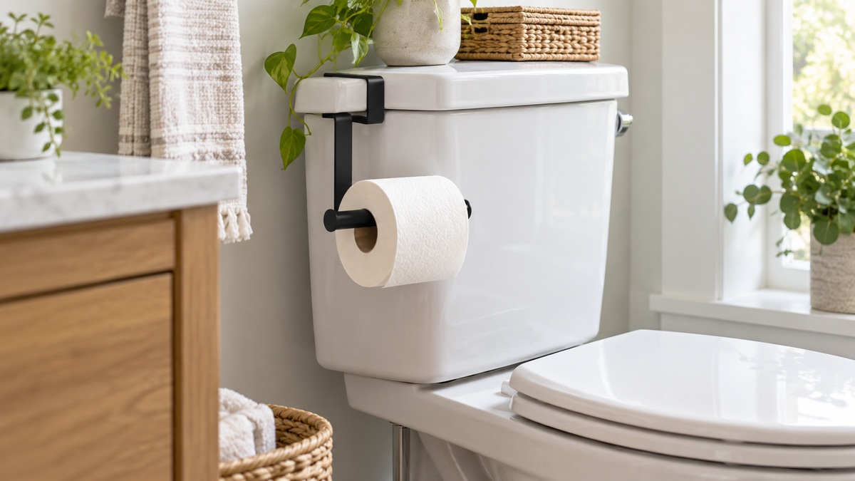 Close-up of a black metal over-tank toilet paper holder holding a roll beside a white toilet in a small bathroom.