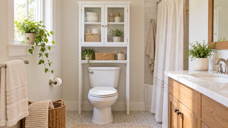 A white over-the-toilet cabinet with textured glass doors installed above a toilet in a small bathroom.
