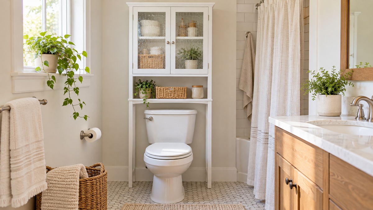 A white over-the-toilet cabinet with textured glass doors installed above a toilet in a small bathroom.