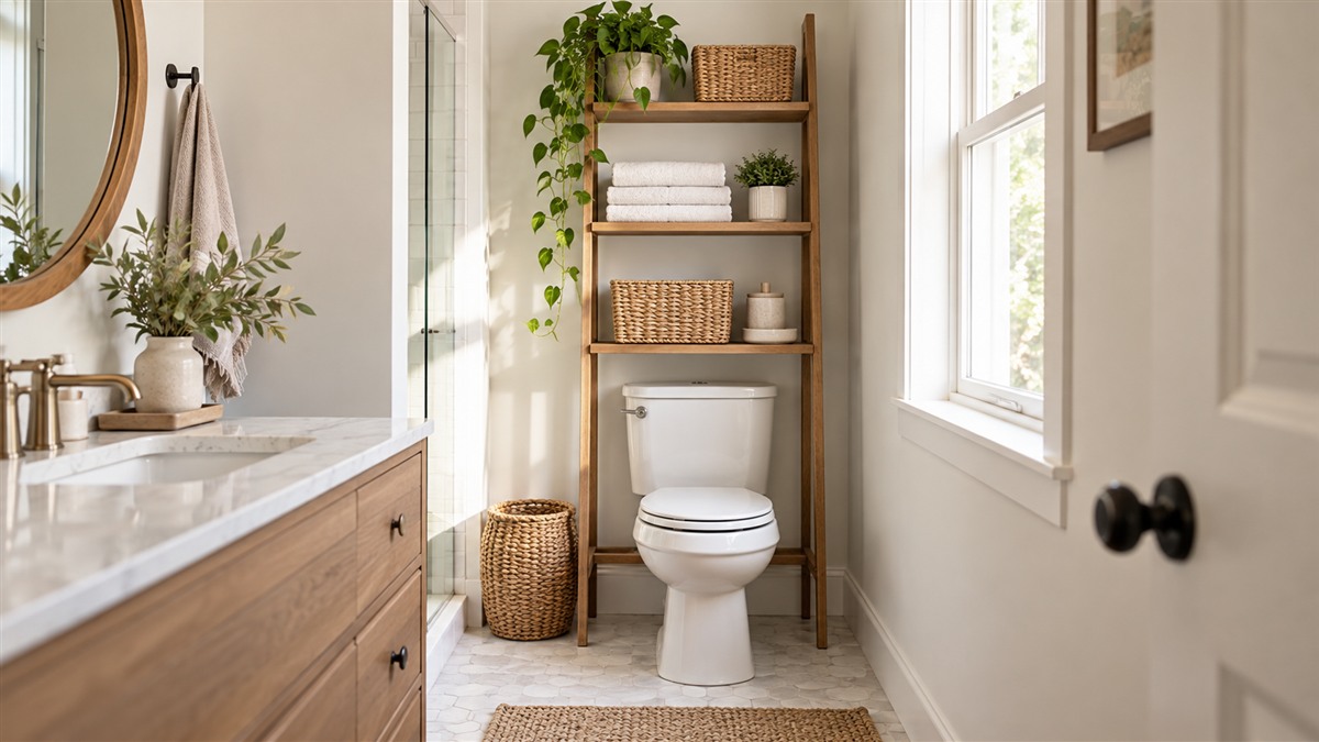 A wood ladder shelf above a toilet holds folded towels, baskets, and plants.