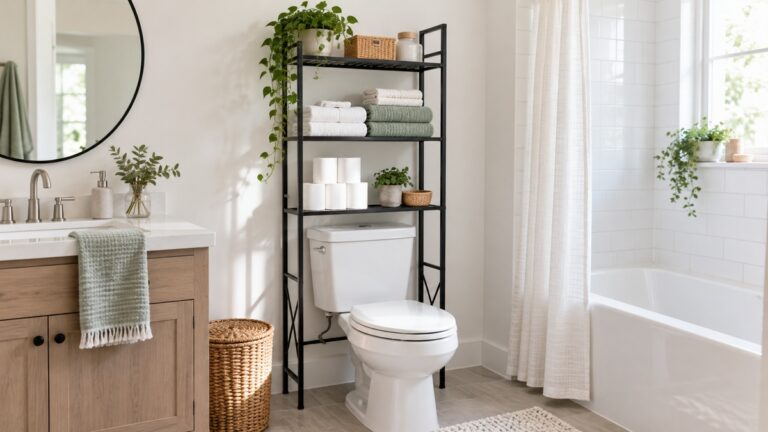 A small white bathroom with a black metal freestanding rack centered over the toilet holding folded towels and toilet paper.