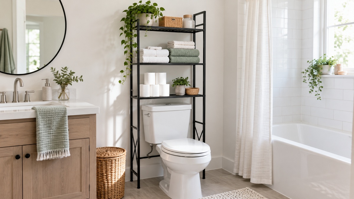 A small white bathroom with a black metal freestanding rack centered over the toilet holding folded towels and toilet paper.