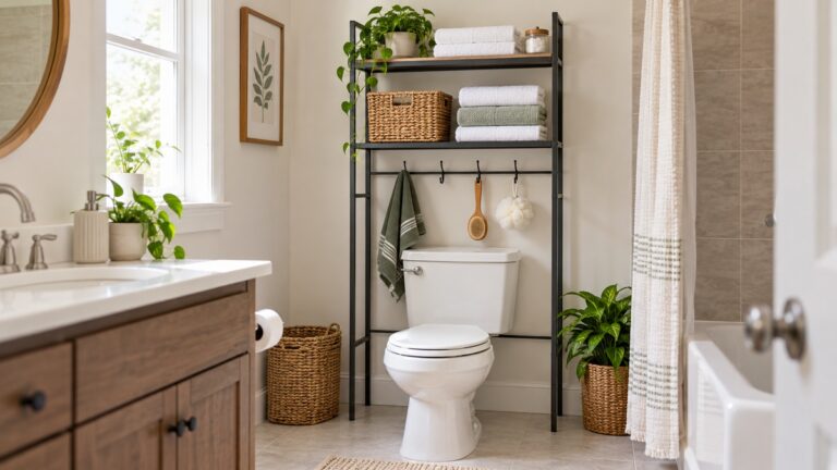 A small bathroom showing a freestanding over-toilet rack with folded towels, a basket, and hooks above the toilet.
