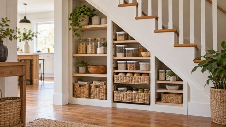 A view under a staircase fitted with shallow shelves, pull-out baskets, and labeled pantry bins.