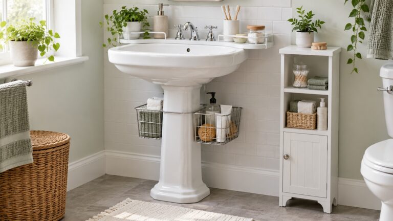Compact baskets, shelves, and a narrow cabinet organize storage around a pedestal sink.