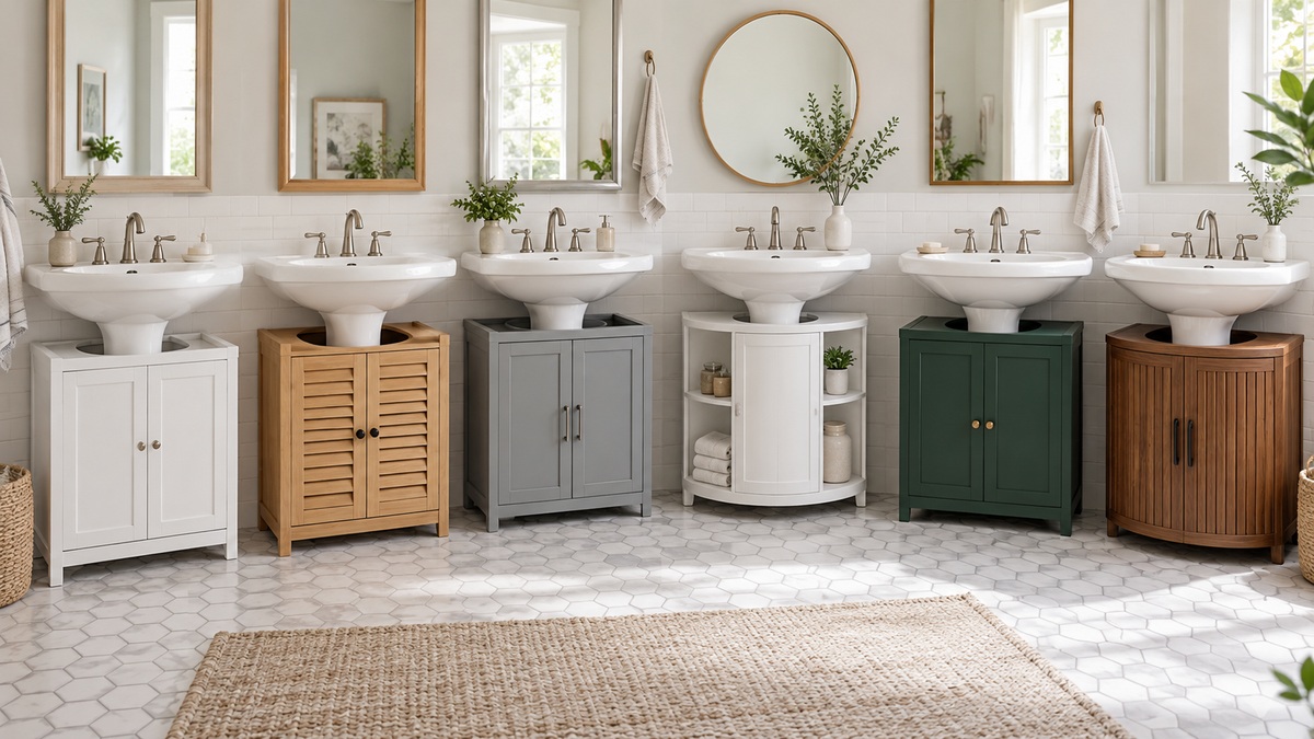Six pedestal sink storage cabinet styles compared in a bright bathroom.