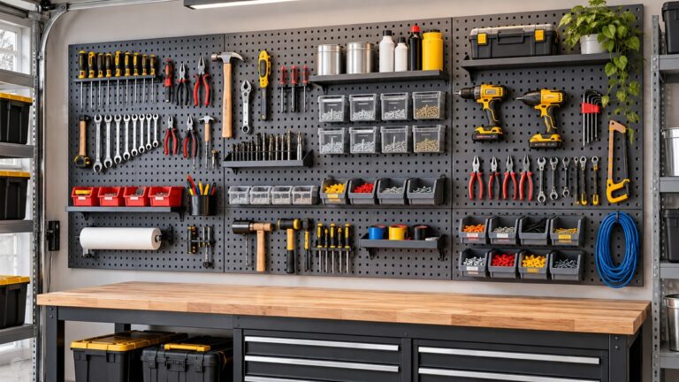 Garage pegboard system organized with tools and storage bins
