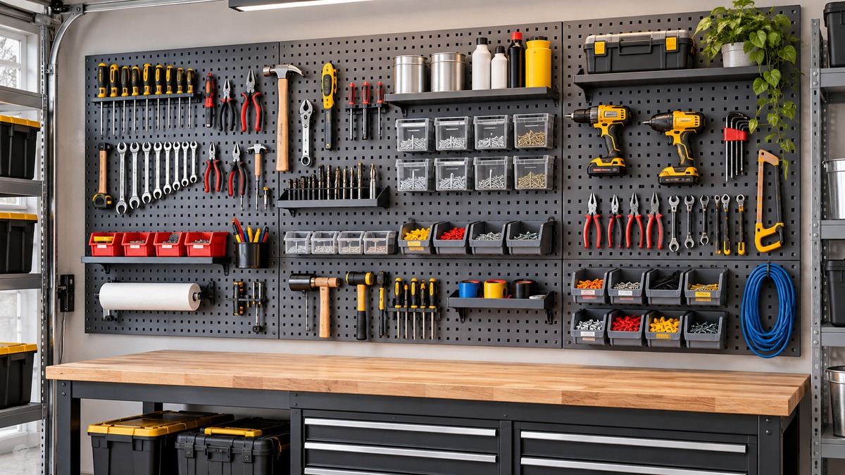 Garage pegboard system organized with tools and storage bins
