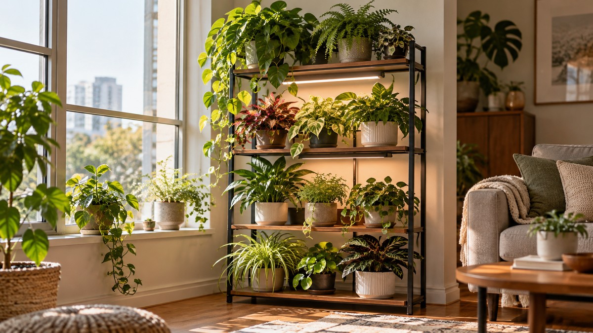 Multi-tier indoor plant shelf beside a bright window
