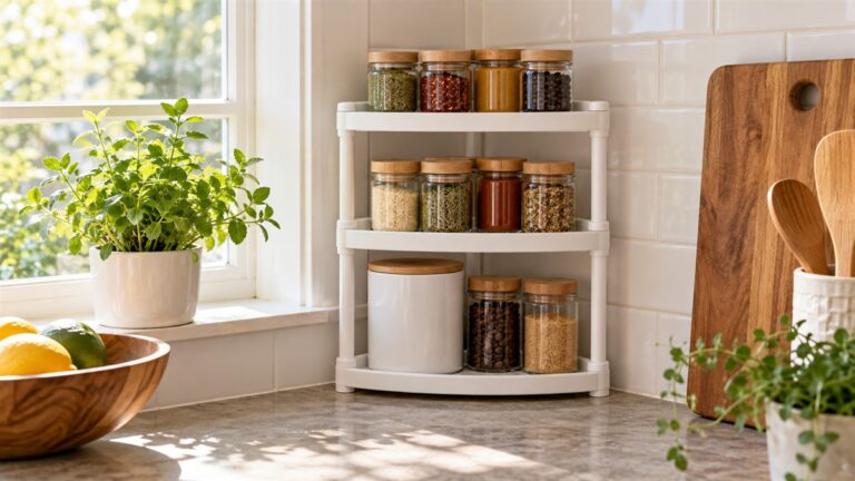 A small three-tier corner shelf on a kitchen countertop beside a window, holding spice jars and a coffee tin.