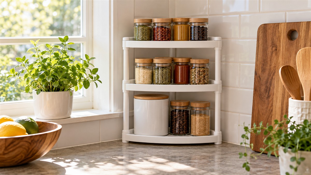 A small three-tier corner shelf on a kitchen countertop beside a window, holding spice jars and a coffee tin.