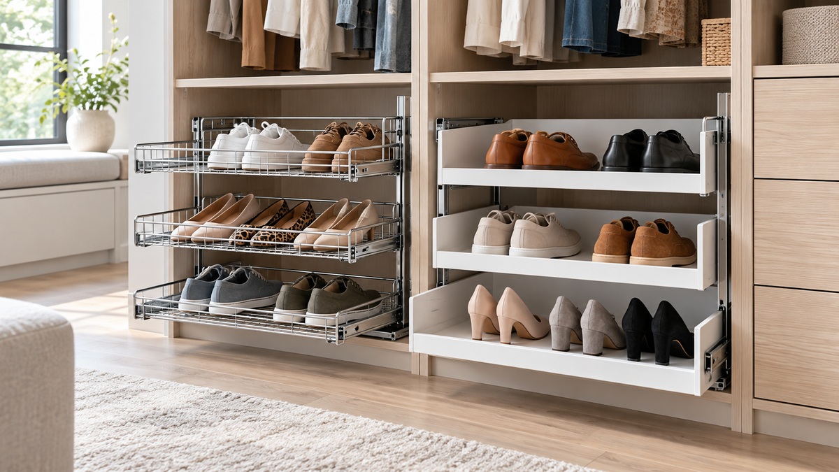 Wire-frame and solid-shelf pull-out shoe organizers compared in a bright closet.