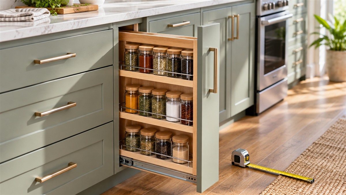 A practical room scene showing the storage options and the measurements a buyer should compare.