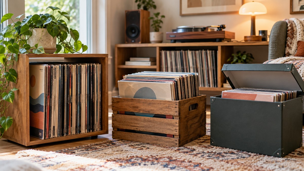 Vinyl records organized in wooden holders crates and archival boxes