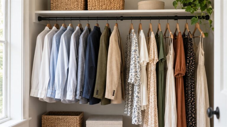 A black adjustable closet rod holds neatly arranged shirts, jackets, and dresses.
