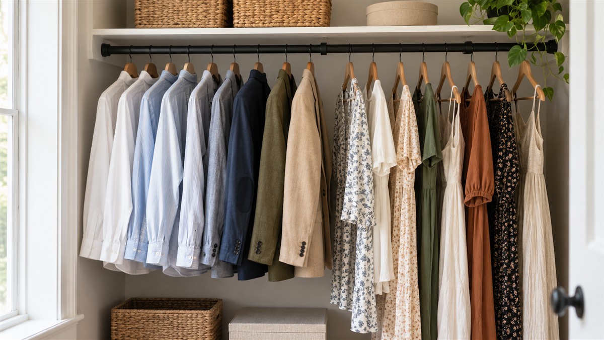 A black adjustable closet rod holds neatly arranged shirts, jackets, and dresses.