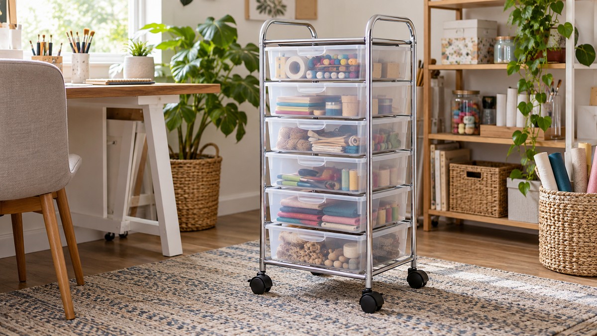 Rolling storage cart with multiple drawers and caster wheels