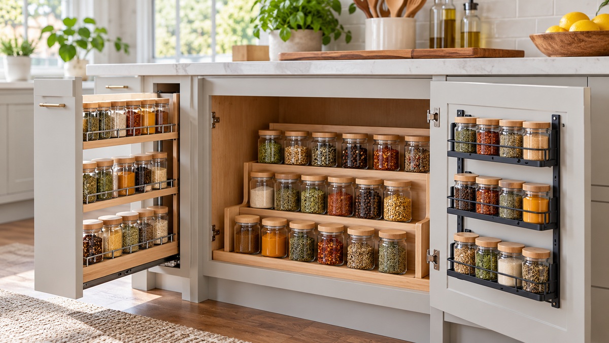 Pull-out, tiered, and door-mounted spice storage organize unlabeled jars in a kitchen cabinet.