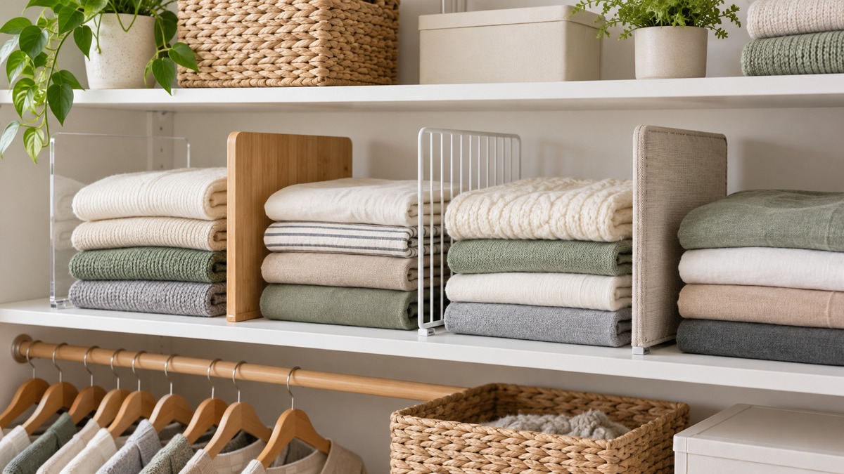 Closet shelf dividers compared on an organized shelf