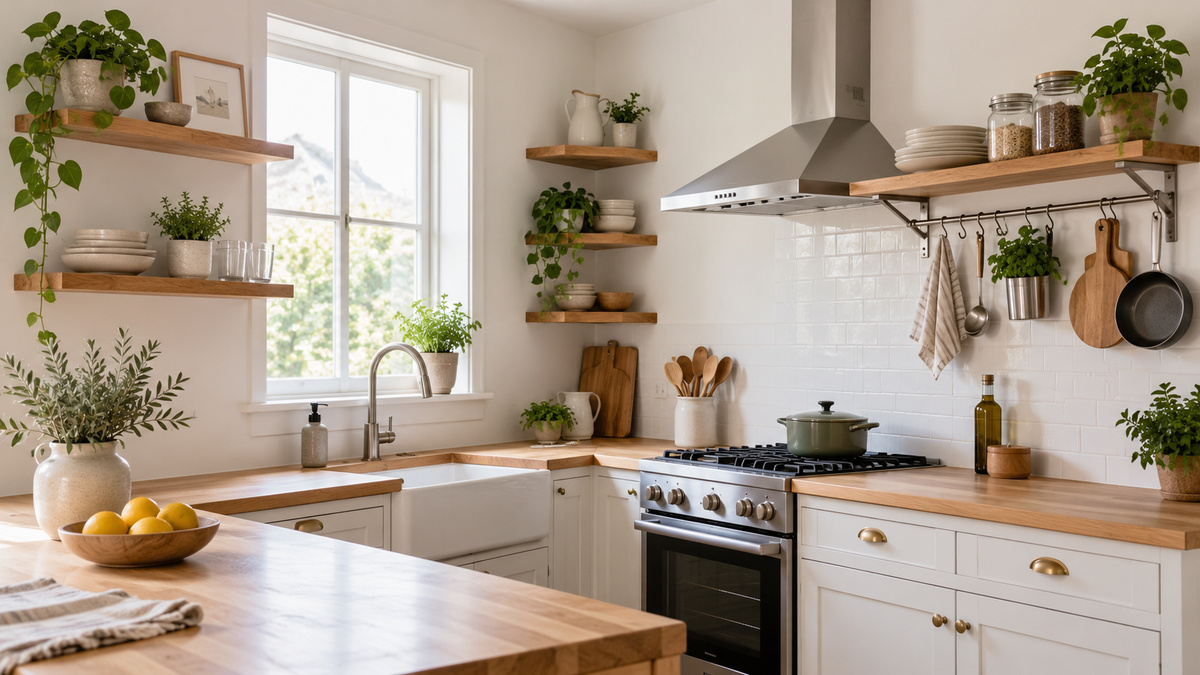 Floating, corner, and rail shelves add storage to a bright small kitchen.