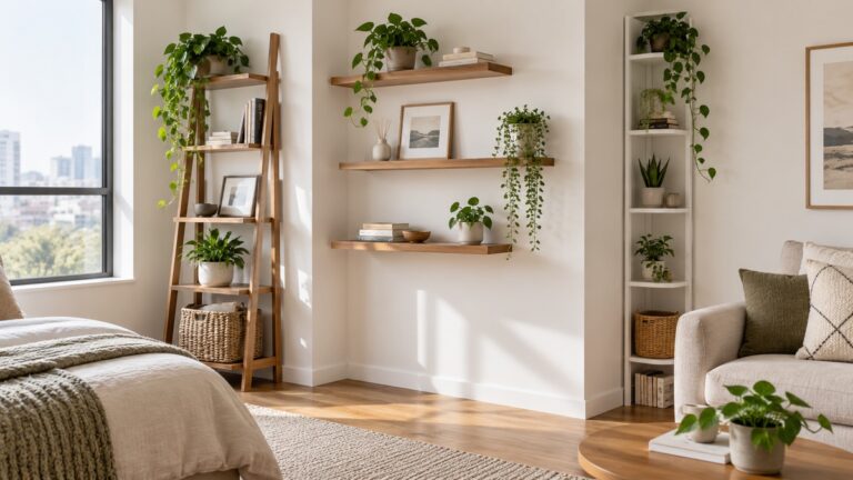 Space-saving ladder, floating, and corner shelves furnish a bright compact room.