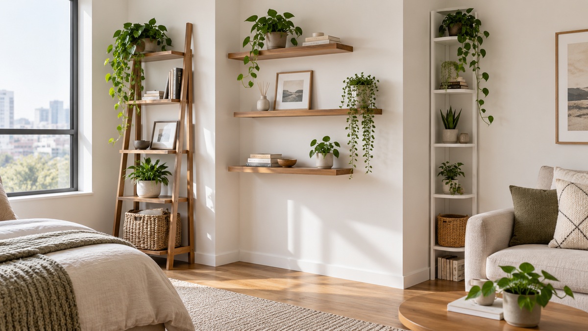 Space-saving ladder, floating, and corner shelves furnish a bright compact room.