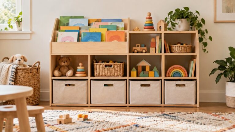 Low toy storage shelves with cubbies bins and book ledges