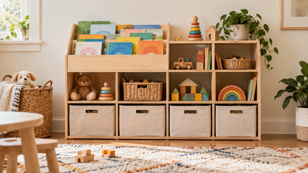 Low toy storage shelves with cubbies bins and book ledges