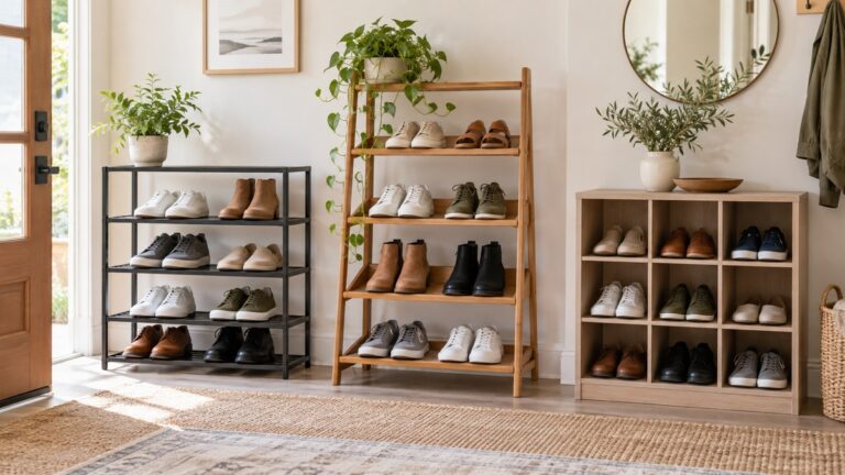 Three shoe shelving configurations arranged in a bright, tidy home entryway.