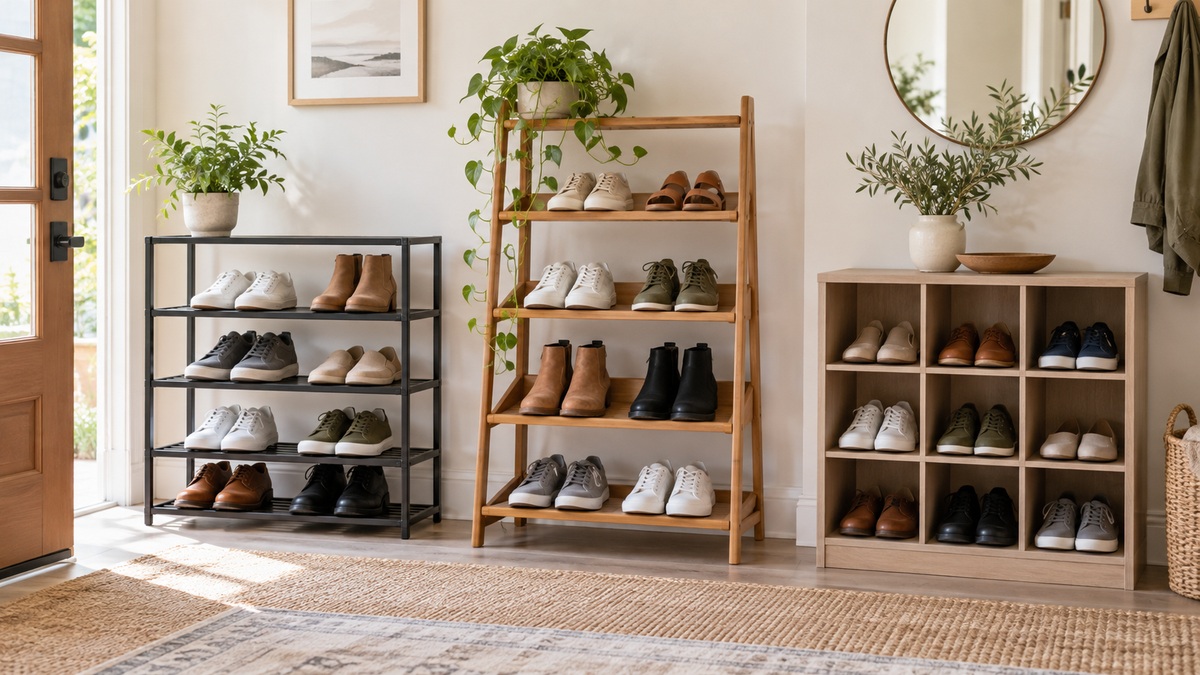 Three shoe shelving configurations arranged in a bright, tidy home entryway.