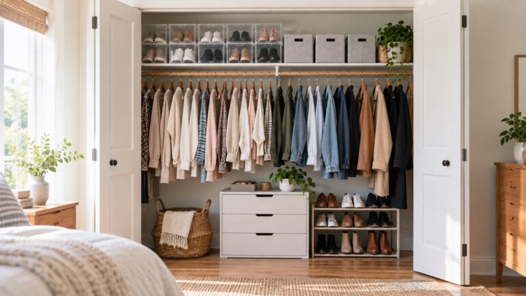 A closet top shelf with clear shoe boxes and fabric shoe bins lined up with closet doors open.