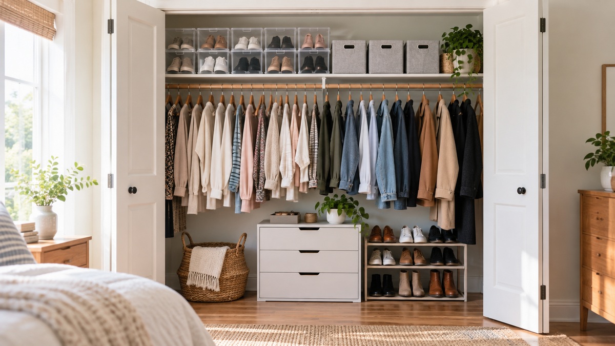 A closet top shelf with clear shoe boxes and fabric shoe bins lined up with closet doors open.