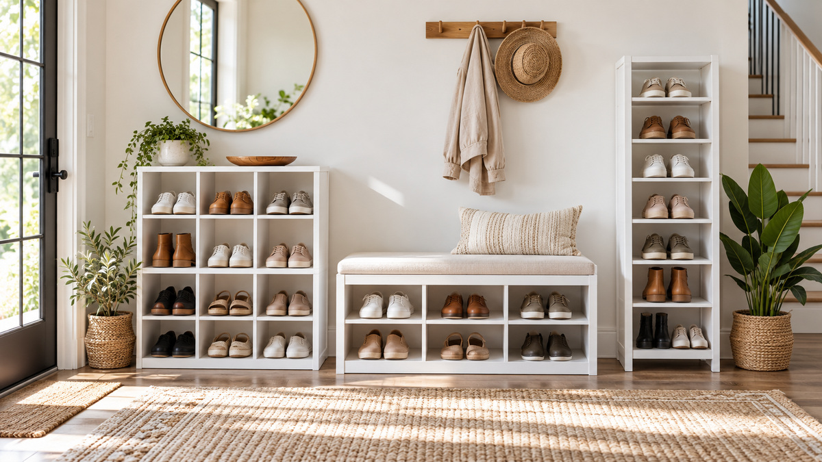 Several white wood shoe organizer configurations compared in a bright entryway.
