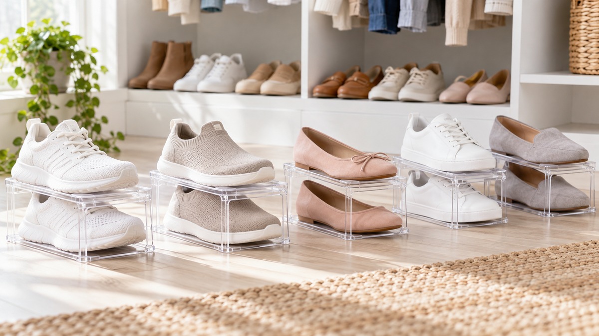 Clear plastic shoe stackers holding pairs of sneakers and flats on a closet floor, with a row of shoes behind them.