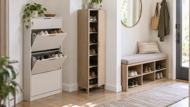 Slim shoe storage cabinet styles arranged in a compact apartment entryway.