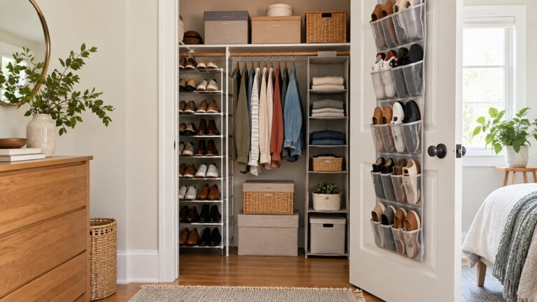 A small reach-in closet with narrow shoe racks and stacked boxes using floor and door space.