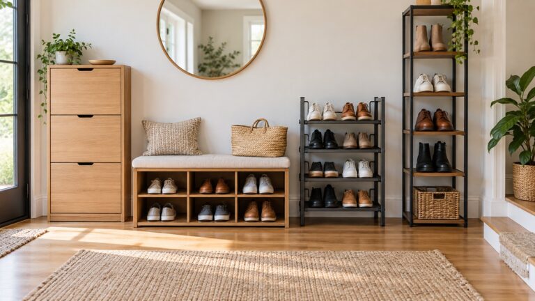Four practical shoe storage unit designs arranged in a bright home entryway.