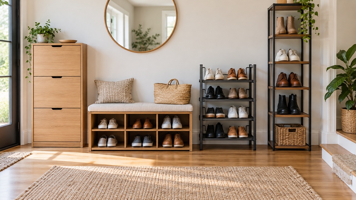 Four practical shoe storage unit designs arranged in a bright home entryway.