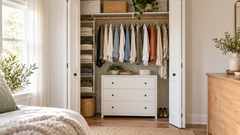 A short white chest of drawers placed under hanging clothes inside a bright reach-in closet.
