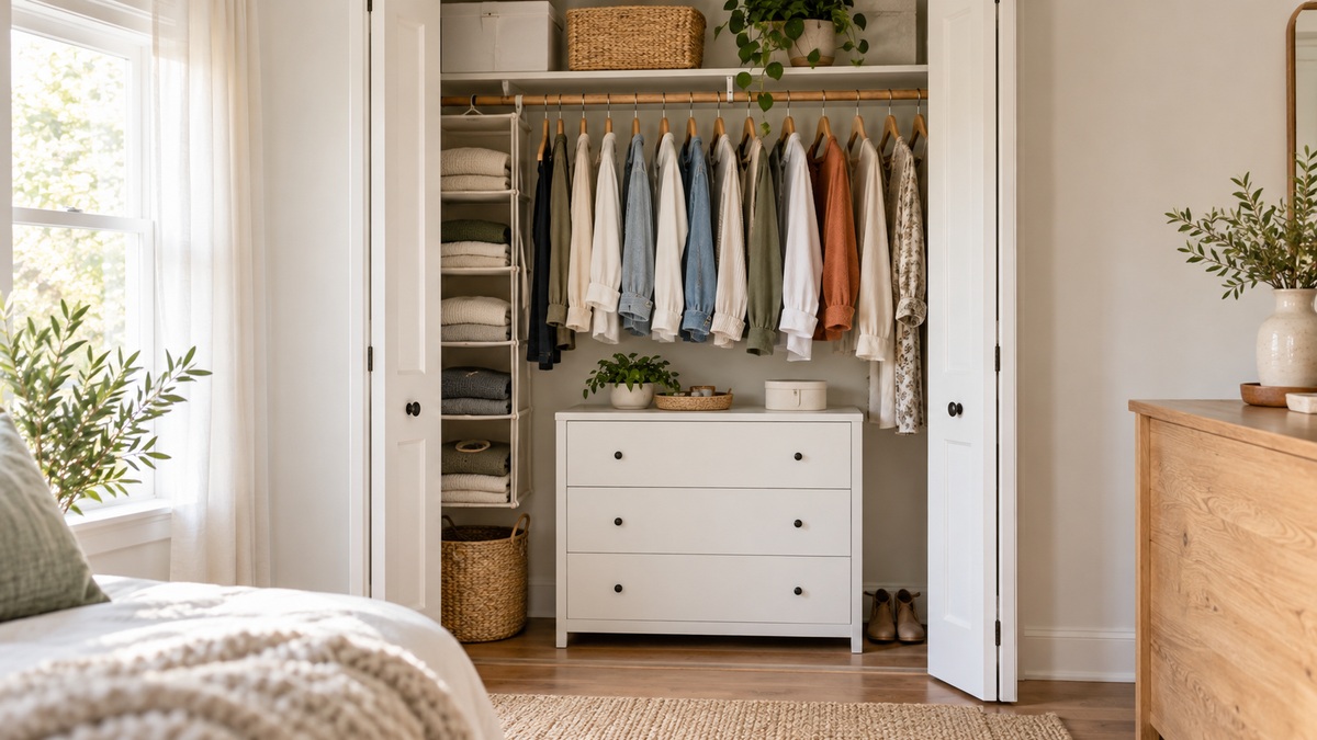 A short white chest of drawers placed under hanging clothes inside a bright reach-in closet.