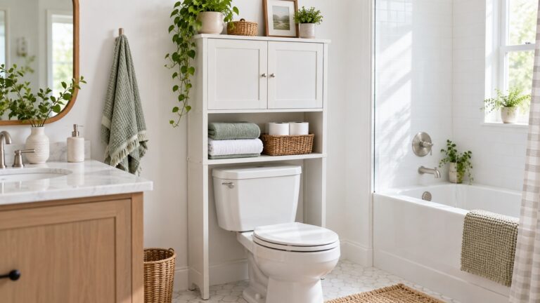 A short freestanding over-toilet cabinet in a small white bathroom with towels and toilet paper neatly stored above the tank.