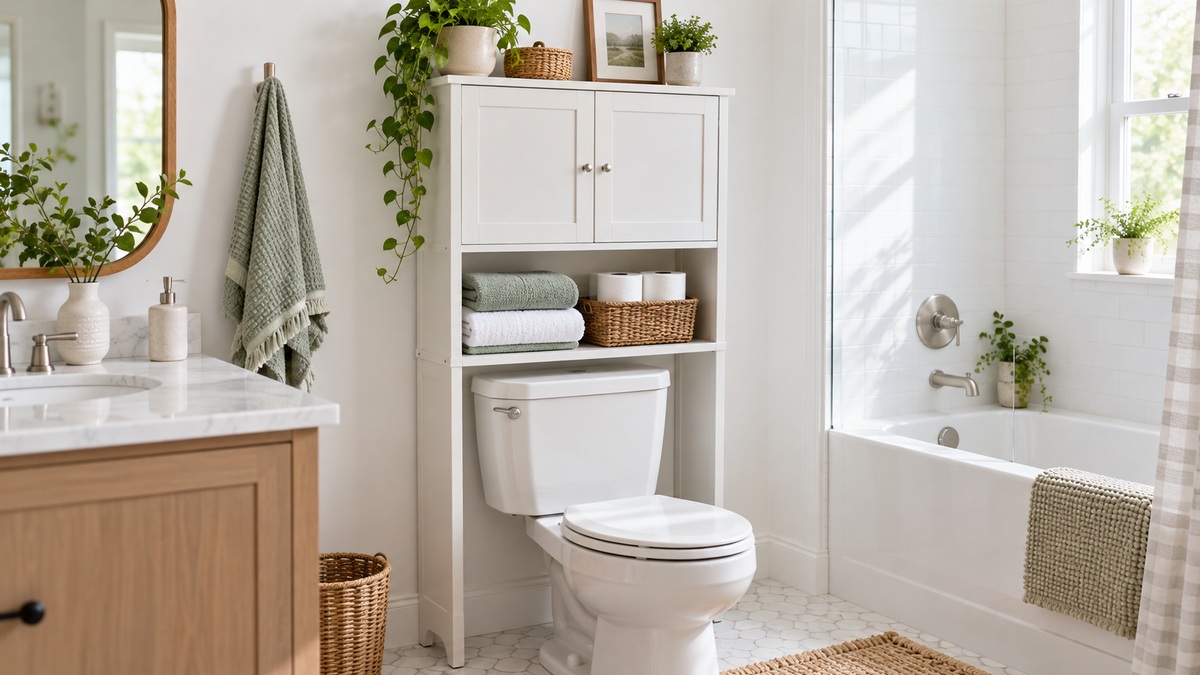 A short freestanding over-toilet cabinet in a small white bathroom with towels and toilet paper neatly stored above the tank.