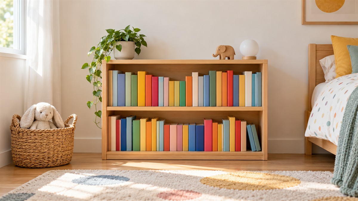 A low wood bookcase holding picture books in a bright child's bedroom corner, with the wall behind it in soft light.