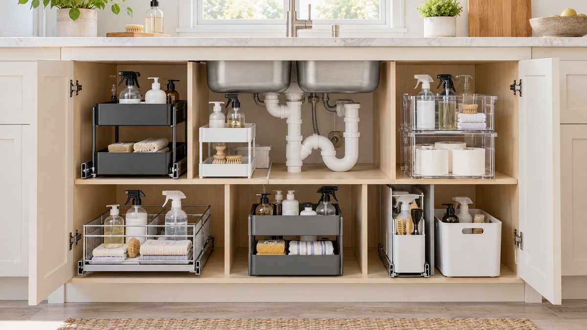 Multiple organizer styles are arranged inside a clean open under-sink cabinet.